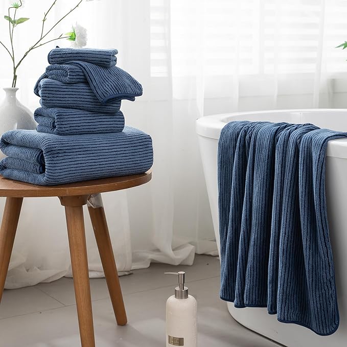 8-Piece Premium Towel Set for Bathroom|2 Oversized Large Bath Sheet,2 Hand Towels,4 Washcloths|Soft Cozy Highly Absorbent Fast Dry Microfiber Shower Towel Set for Hotel Bathroom Essentials,Navy Blue