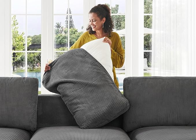 HONBAY Modular Sectional Sofa with Storage Corduroy Sleeper Sofa Modular Sectional Couches for Living Room,Dark Grey