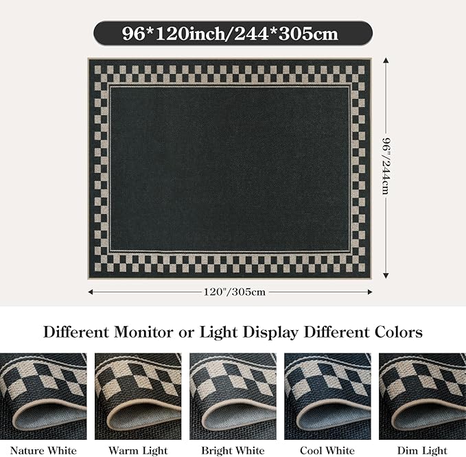 OJIA Easy Jute Area Rug 8x10, Large Outdoor Patio Rugs Washable Rugs for Living Room Checkered Border Farmhouse Indoor Outdoor Carpet Modern Non-Slip Black Rug for Bedroom Backyard Office Decor