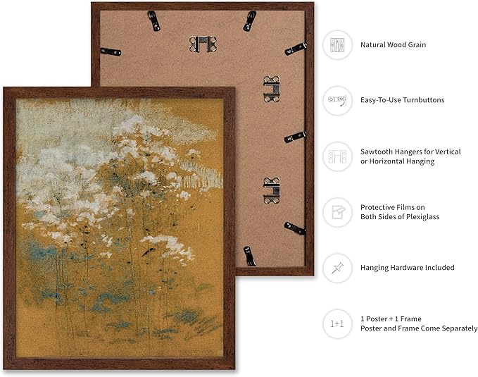 Poster Master Vintage Wild Flowers Poster - Retro Tonal Botanical Painting Print - Abstract Art - Floral Art - Farmhouse Art - Aesthetic Flower Shop or Living Room Wall Decor, 8x10 Brown Framed