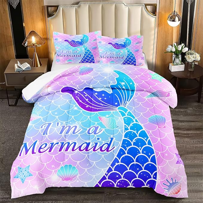 Pink Mermaid Full Size Bedding Set for Girls, 3Pcs Comforter Set With 2 Pillowcases, Ultra Soft Breathable Skin Surface Scales Quilt