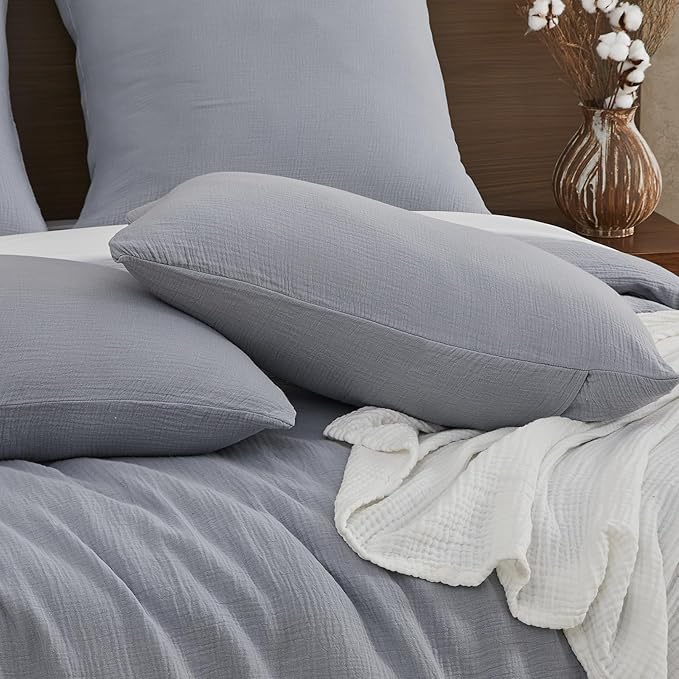 EMME Muslin Cotton Duvet Cover Set Light Grey Queen Size Linen Like Soft Breathable Lightweight Summer Comforter Cover Set with Zipper Closure (Light Grey, Queen, 90"x90")