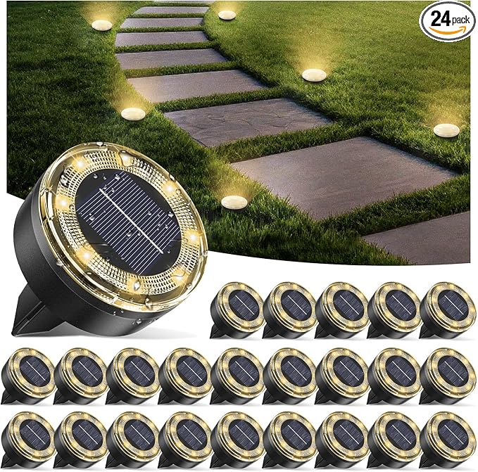 Mini Solar Ground Lights, 24 Pack Solar Lights Outdoor Waterproof, Upgraded LED Flat Landscape Lighting for Outside Pathway Garden Patio Yard Driveway,Warm White
