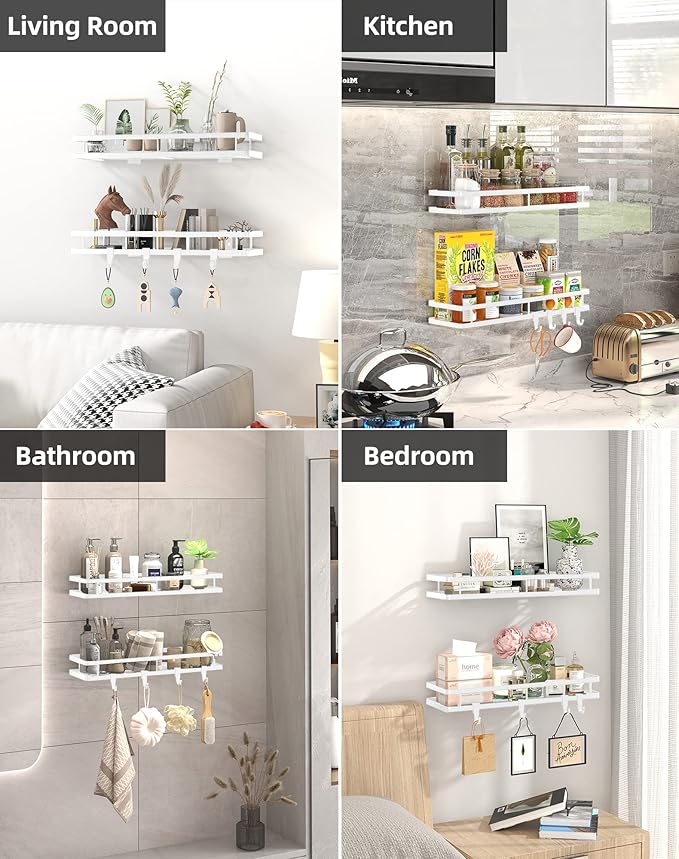 Spice Rack Organizer Wall Mount - 15.7in 2Pack [Upgraded Version] Hanging Seasoning Organizer Shelf with Paper Towel Holder, Storage for Cabinet or Wall Mounted with 4 Strong Hooks (Rice white)