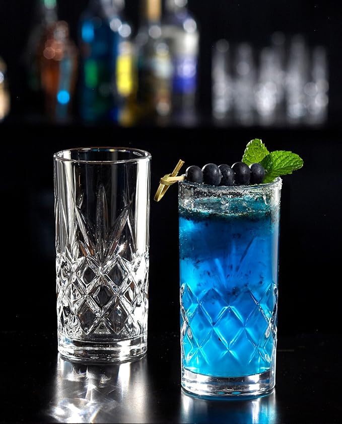 Royalty Art Kinsley Tall Highball Glasses Set of 4, 12 Ounce Cups, Textured Designer Glassware for Drinking Water, Beer, or Soda, Trendy and Elegant Dishware, Dishwasher Safe (Hiball Set Of 4)