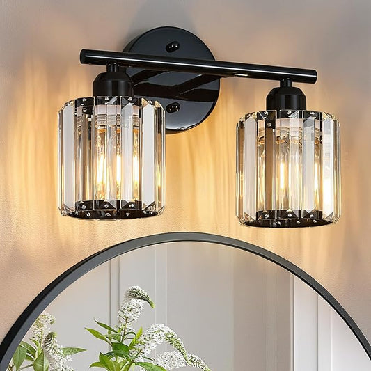Modern 2 Light Crystal Vanity Light, Plating Black Vertical Bathroom Light Fixture Over Mirror for Dressing Table Sink, Compatible with Dimmable Bulbs (Bulbs Not Included)