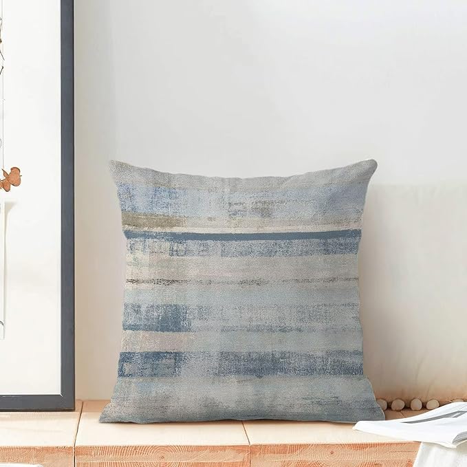 Boho Blue Grey Stripe Throw Pillow Covers 16x16 Inch Set of 2, Rustic Abstract Decorative Throw Pillow Covers Retro Stripe Linen Outdoor Cushion Cover for Sofa Couch Farmhouse Room Bed Decor