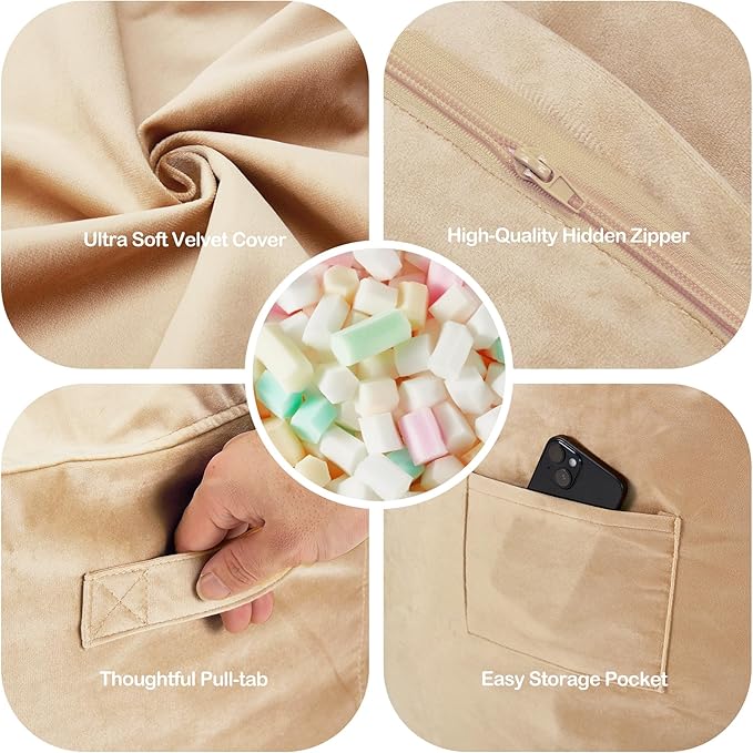 Homguava 5FT Bean Bag Chair Giant BeanBag with Memory Foam Filled, Comfy Bean Bag Chairs for Adults, Adult Bean Bag Chair with Dutch Velvet Cover for Living Room Bedroom-Khaki