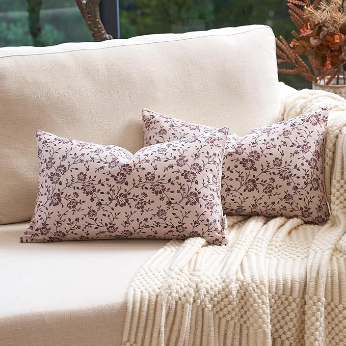 Alerfa Set of 2 Floral Lumbar Pillow Covers 12x20, Vintage Block Print Throw Pillow Covers Decorative Farmhouse Accent Couch Pillows for Living Room Bedroom, Pompeii Red