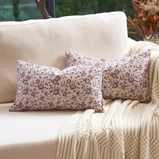 Alerfa Set of 2 Floral Lumbar Pillow Covers 12x20, Vintage Block Print Throw Pillow Covers Decorative Farmhouse Accent Couch Pillows for Living Room Bedroom, Pompeii Red
