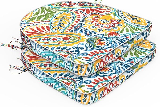 Set of 2 Outdoor Chair Cushions 19"x19"x2",Water Repellent Patio Seat Cushion with Ties and Removable Covers,Dining Chair Cushions for Indoor Kitchen Yard and Patio Furniture,Paisley Multi
