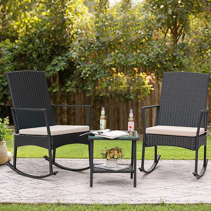 Flamaker Rocking Chair Outdoor PE Rattan Patio Chairs with Glass Table High Back Porch Rocker for Balcony, Garden, Backyard (Beige)