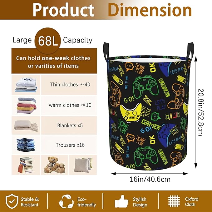 Game Controller Video Game Laundry Basket,Waterproof Laundry Hamper,Collapsible Organizer Basket for Storage Bin Toy Bins,Dirty Clothes Laundry Basket for Living Room/Bathroom/Bedroom