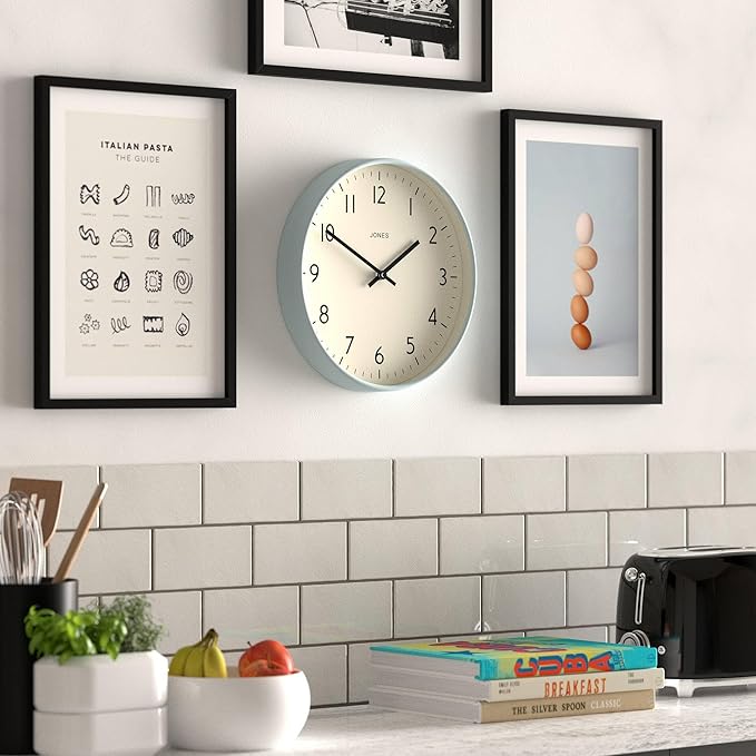 JONES CLOCKS® Studio Wall Clock | Modern Round Clock | 12 inch | Pale Blue | Easy to Read Numbers | Versatile Design for Kitchen, Living Room or Office