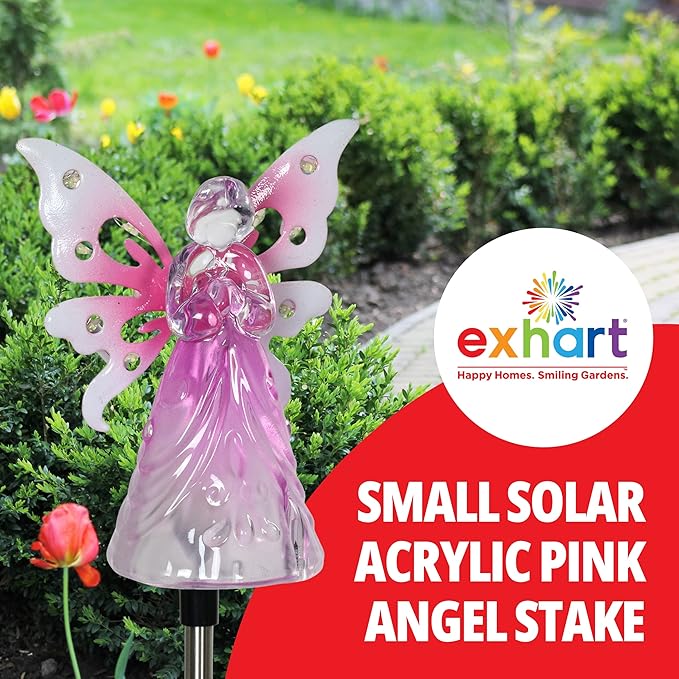 Exhart Garden Solar Lights, Decorative Angel Garden Stake, 12 LEDs, Cute Yard and Pathway Decor, Pink, 4 x 34 Inch