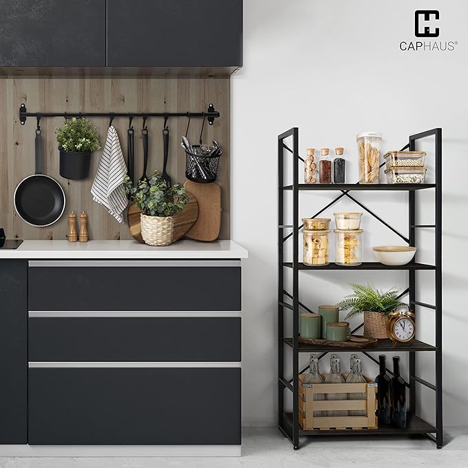 CAPHAUS 4 Tier Bookshelf, 24 Inch Width Free Standing Shelf, Bookcase Shelf Storage Organizer, Industrial Book Shelves for Home Office, Living Room, Kitchen, Black Vintage Shelves & Metal Frame