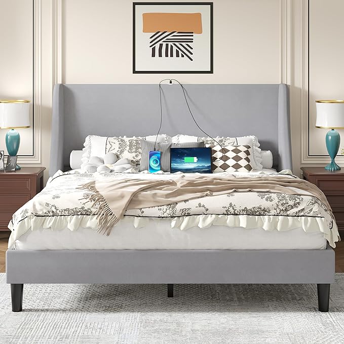 VECELO Queen Bed Frame with Upholstered Wingback Headboard, Heavy-Duty Platform Bedframe with Charging Station, Wooden Slats, No Box Spring Needed, Light Grey