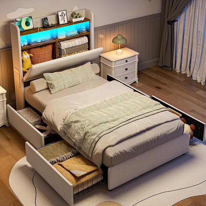 IKIFLY Twin XL Bed Frames with Hidden Storage Headboard & 4 Drawers, 49.2” Tall Upholstered Wingback Headboard with LED Lights and Charging Station, No Box Spring Needed, Solid Wood Slats, White