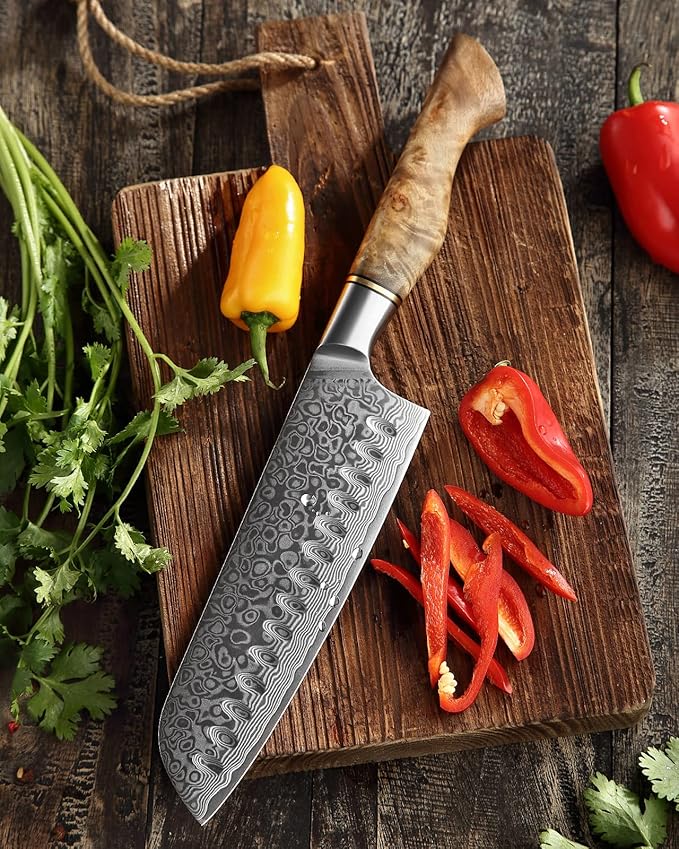 HEZHEN 7” Santoku knife, Damascus Steel Chef Knife, Asian Kitchen Knife Japanese Style, Figured Sycamore Wood Handle
