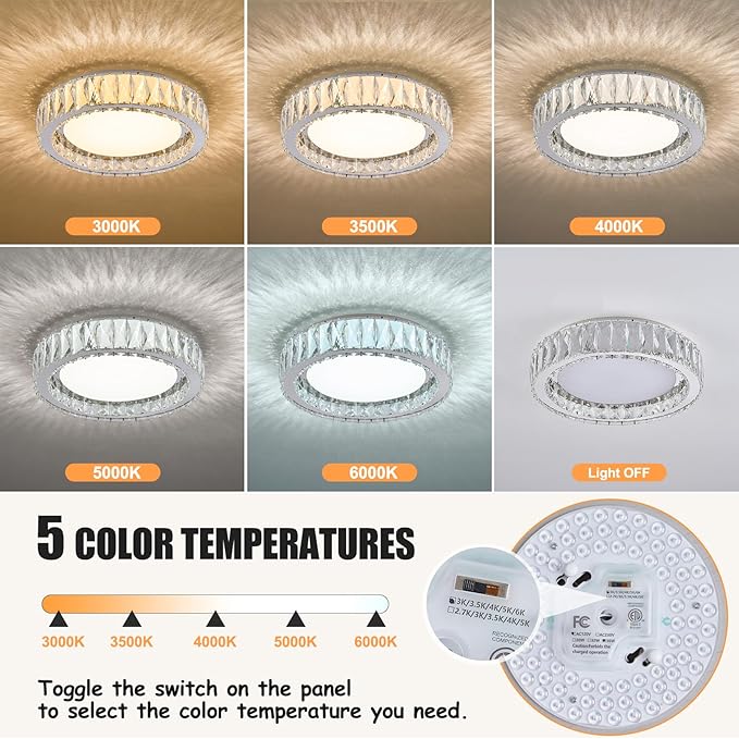 Crystal Chrome Flush Mount Ceiling Light,LED Dimmable 5CCT 3000K-6000K Lighting Fixtures Modern Round 36W Chandelier for Kitchen Entryway Bedroom Dining Room 15 Inch