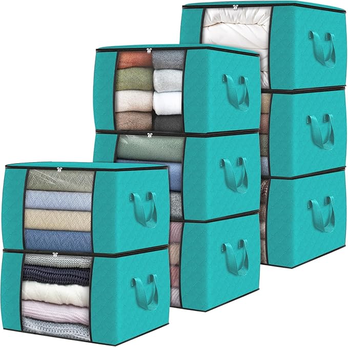 Fab totes 8 Pack Clothes Storage, Foldable Thick Fabric Blanket Storage Bags, Containers for Organizing Bedroom, Closet, Clothing, Comforter,Closet Organization with Handle,Green