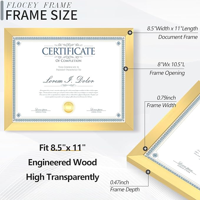 8.5x11 Picture Frame set of 6, Multi Certificate 8.5 by 11 Picture Frames Bulk, Document Diploma Award Frame, Wall Hanging or Tabletop Display, Gold