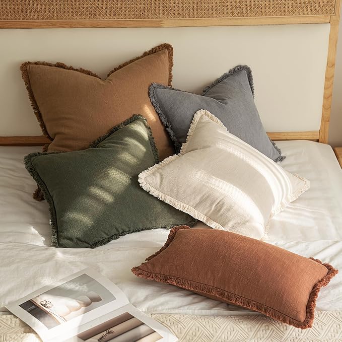 MIULEE Decorative Throw Pillow Covers Neutral Linen Fringe Throw Pillows Euro Shams Set of 2 Olive Green Boho Farmhouse Cushion Covers for Couch Sofa Bed Living Room Spring Home Decor 26x26 Inch
