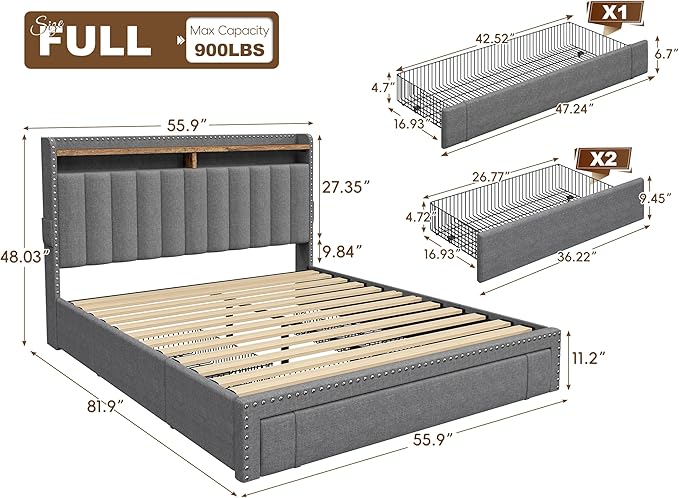 EnHomee Full Size Bed Frame, Upholstered Full Bed Frame with 3 Storage Drawers & 2-Tier Headboard Shelves, 900LBS Heavy Duty, No Box Spring Needed, Easy Assembly, Grey