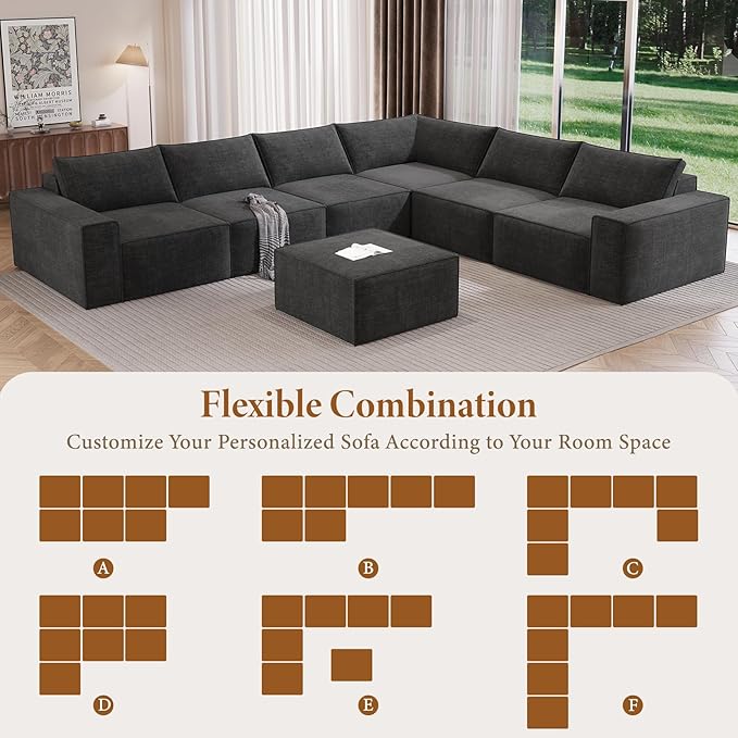 Vesgantti 143.7" Oversized Boneless Sectional Couch, Modern 6 Seater Modular Sofa with Ottoman & Deep Seat, Convertible Chenille Cloud Couches for Living Room, No Assembly Required, Dark Grey