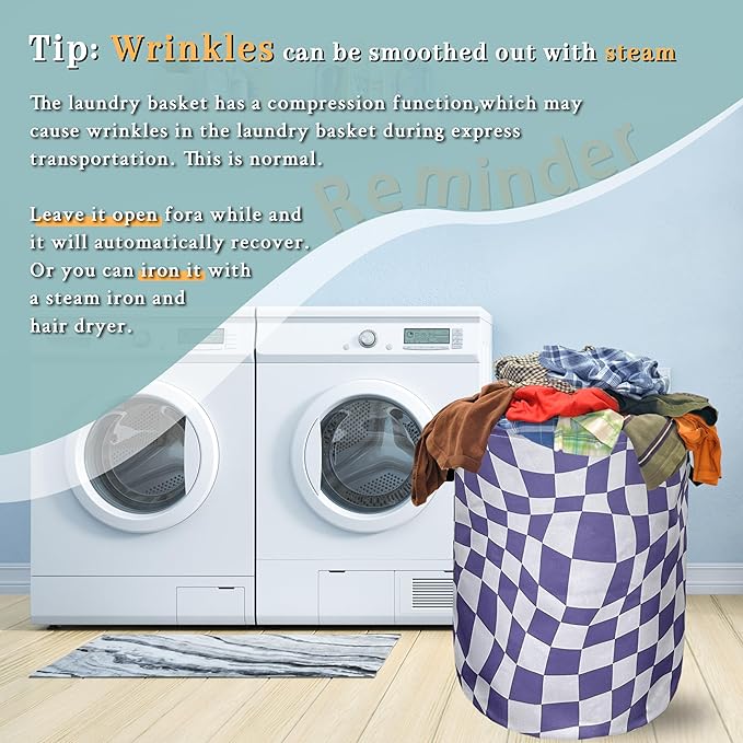 Purple Checkerboard Laundry Basket Foldable With Handles Tote Bag Oxford Cloth Colorful Plaid Laundry Hamper 18.9"x1 6.5" Clothes Storage Bucket Toy Organizer For Bathroom/Laundry/Bedroom