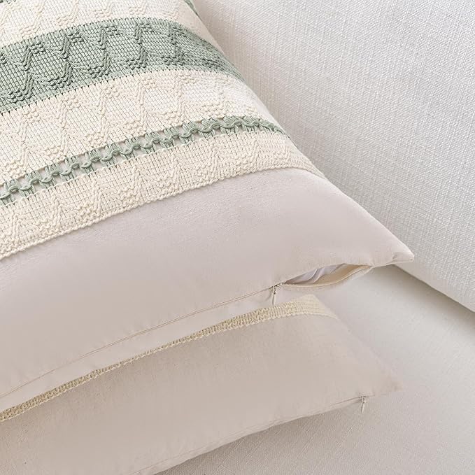 Fancy Homi Set of 2 Sage Green Boho Lumbar Decorative Throw Pillow Covers 12x20 Inch for Living Room Bedroom Couch Bed Chair, Rustic Retro Cushion Case, Bohemian Room Home Decor
