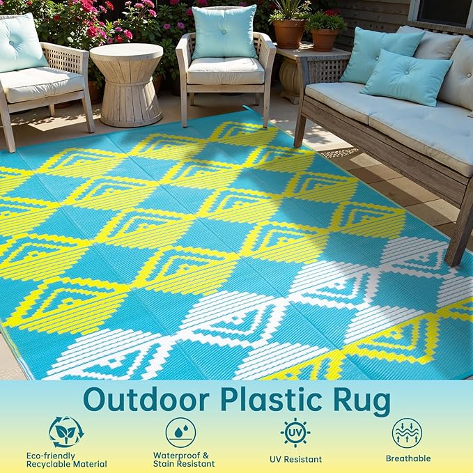 Beeiva Outdoor Rugs 8x10 Waterproof, Modern Geometric Reversible Plastic Straw Patio Mat, Large Foldable Outside Rug for Camping, Porch, Deck, Backyard, Balcony, Picnic - Blue & Yellow