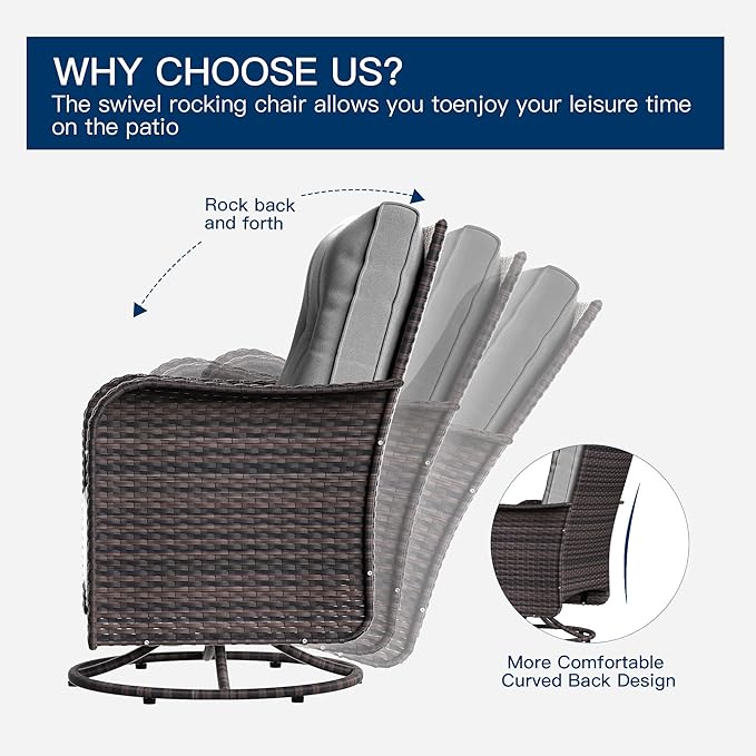 Kurapika 13 Pieces Patio Furniture Set, Rattan Wicker Outdoor Conversation Sets w/43in Propane Fire Pit Table, Swivel Rocking Chairs Patio Sectional Sofa w/4 Inch Cushion, Grey