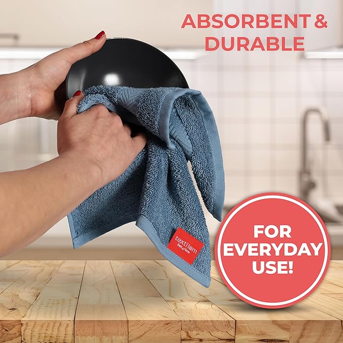 TEXTILOM 100% Turkish Cotton 4 Piece Luxury Washcloth Towel Set for Bathroom & Kitchen, Thick & Super Soft & Highly Absorbent & Quick Dry for Face and Hand- Mid Blue