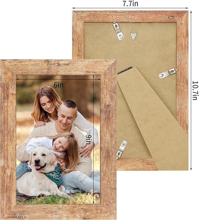 6x9 Picture Frame Set of 4, High Definition Real Glass Rustic Brown Frame, 6 x 9 Photo Frames for Tabletop Display and Wall Mounting