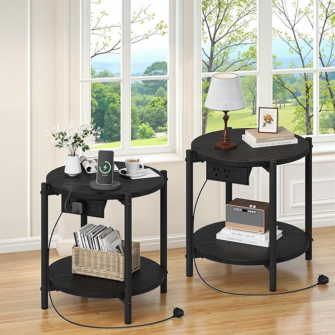 LIKIMIO Small Round End Tables Set of 2 with Charging Station, 2-Tier Wooden Side Tables, 15.8" W Modern Nightstands for Small Spaces, Living Room, Bedroom, Black