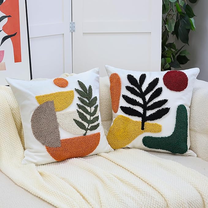 Boho Accent Pillow Covers 18x18- Tufted Abstract Modern Square Throw Pillow Covers, Farmhouse Decorative Pillowcase for Couch, Sofa, Bed, Living Room-Dark Green Khaki Red Geometric Black Leaf