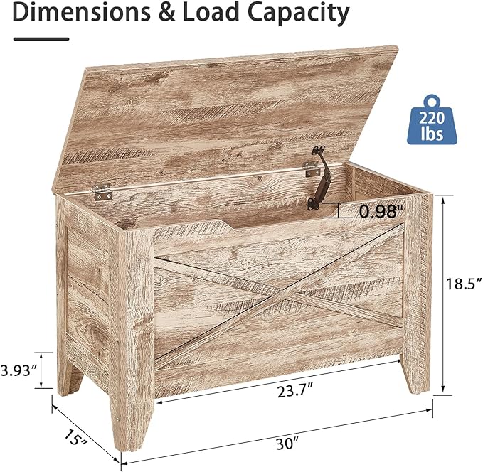 VECELO 30" Farmhouse Style Storage Bench, Entryway Shoe Ottoman, with Handwoven Cushion, with Metal Safety Hinges, for Bedroom, Living Room, Entryway, Light Wood