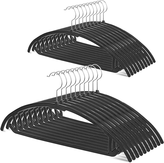 UNEED Hangers 32 Pack, Plastic Non-Slip Black Hangers, No Shoulder Bumps, Curved Design to Protect Clothes Shape (Black)