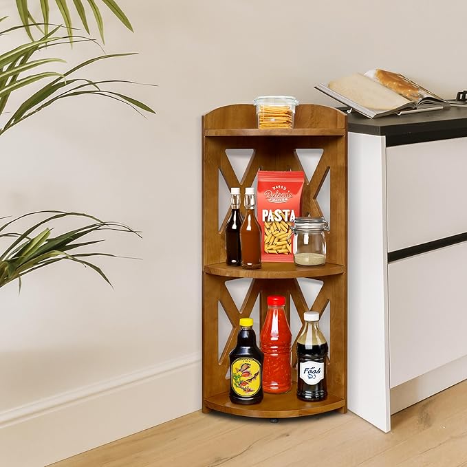 Corner Shelf Stand, Corner Bookshelf, Small Corner Shelves by Natural Wood, Plant Stand, Corner Bookcase for Living Room, Home Office, Bedroom, (Brown, 3 Tier X)