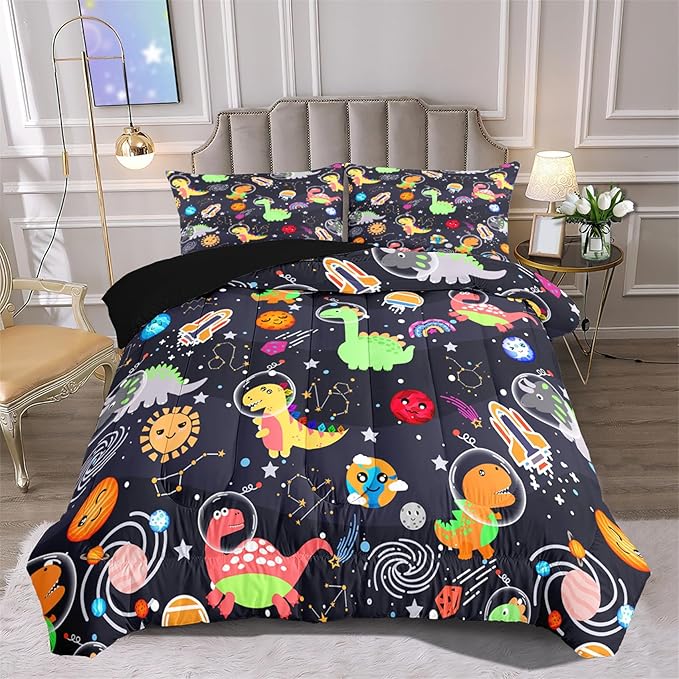 Cartoon Dinosaur Comforter Set - Boys Full Size Dinosaur Bedding Set for Bedroom Dinosaurs Quilt with 2 Pillowcases for Kids Girls Boys Room Decor, 3 Pieces