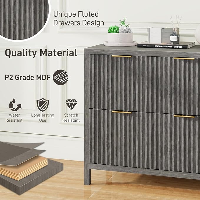 2-Drawer Fluted File Cabinet, Lateral Filing Cabinet for Home Office Printer Stand for A4 Letter Legal Size Documents