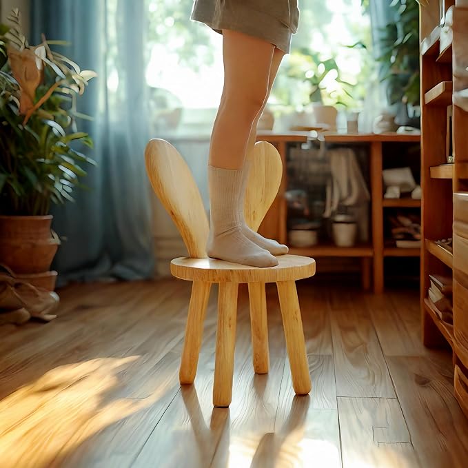 Solid Wood Rabbit Chair Cute Multi Functional Sturdy Rubber Wood Chair for Living Room Bedroom Playroom Easy Assembly Comfortable Safe Design (No Hair, Rabbit Stool)