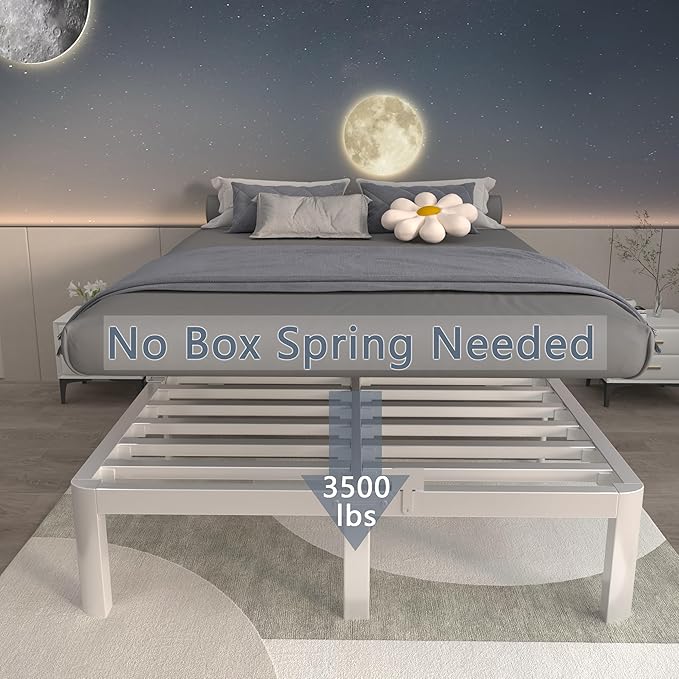 ITIMIDI 12 Inch White Queen Bed Frame, Metal Platform Bed Frame No Box Spring Needed, Heavy Duty Queen Size Bed Frame, Round Corner Legs, Easy Assembly, Under Bed Storage