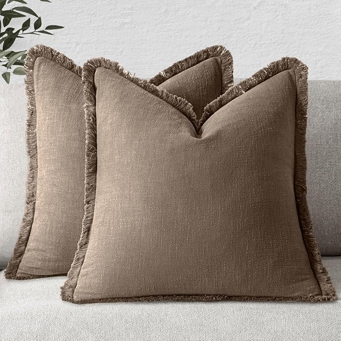 MIULEE Decorative Throw Pillow Covers Neutral Linen Fringe Throw Pillows Set of 2 Cocoa Brown Boho Farmhouse Cushion Covers for Couch Sofa Bed Living Room Spring Home Decor 18x18 Inch
