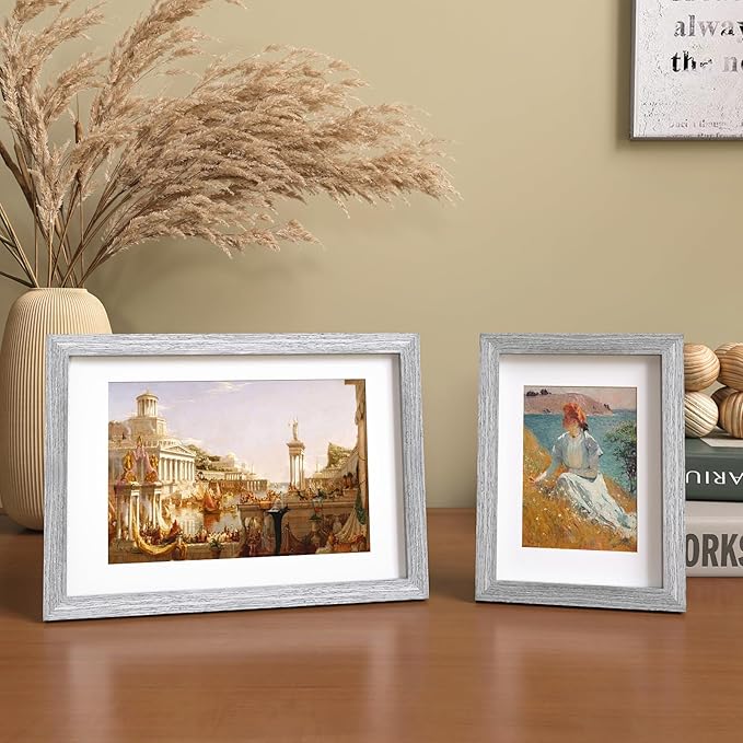 KINLINK A5 Picture Frame, Grey Solid Wood Frames with Acrylic Plexiglass for Pictures 4x6 with Mat or A5 without Mat, Tabletop and Wall Mounting Display 4 Pack