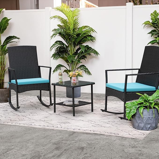 Flamaker Rocking Chair Outdoor PE Rattan Patio Chairs with Glass Table High Back Porch Rocker for Balcony, Garden, Backyard (Blue)