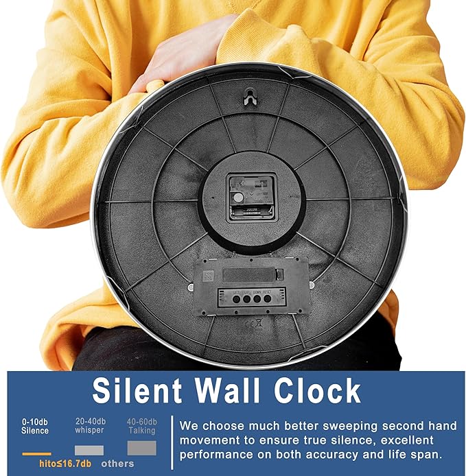 HITO 16 Inch Silent Wall Clock Battery Operated with Temperature and Date, Large Wall Clock for Living Room Decor, Office, Classroom, Bedroom