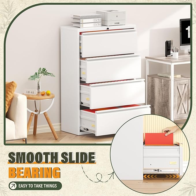 Greenvelly 4 Drawer Lateral File Cabinet with Lock, White Metal Filing Cabinet for Home Office, Locking Metal File Cabinet for Legal/Letter/A4/F4 Size with Hanging Bars&Key