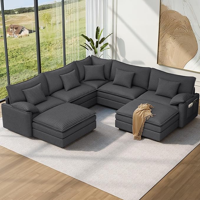 Vesgantti 101" V-Shaped Corner Couch Sectional, 7 Seat Customizable Modular Cloud Couches with Movable Ottoman, Corduroy Deep Seat Sofa Set with Chaise for Living Room, Bedroom and Apartment, Gray